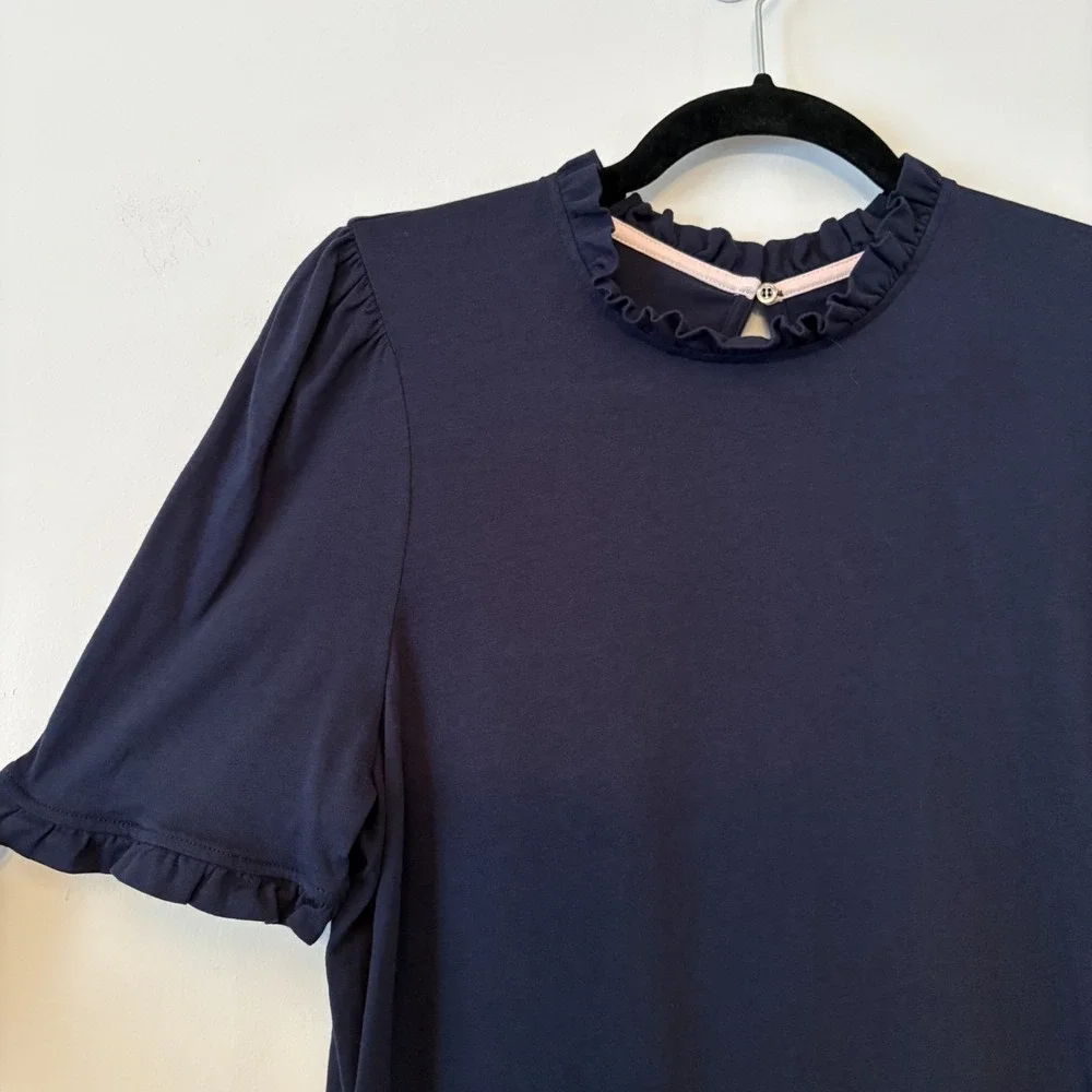 Boden Ruffle Neck Puff Sleeve Top Navy US 10 Stretch Modal Minimalist Boho
